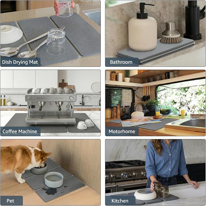 Sisher Large Stone Dish Drying Mat For Kitchen Counter,Quick Dry Diatomaceous Earth Drying,Water Absorbing,Easy To Store,Foldable For Dish Racks, Bottles, Cups, And Cutlery.(24" × 16" Dark Gray)
