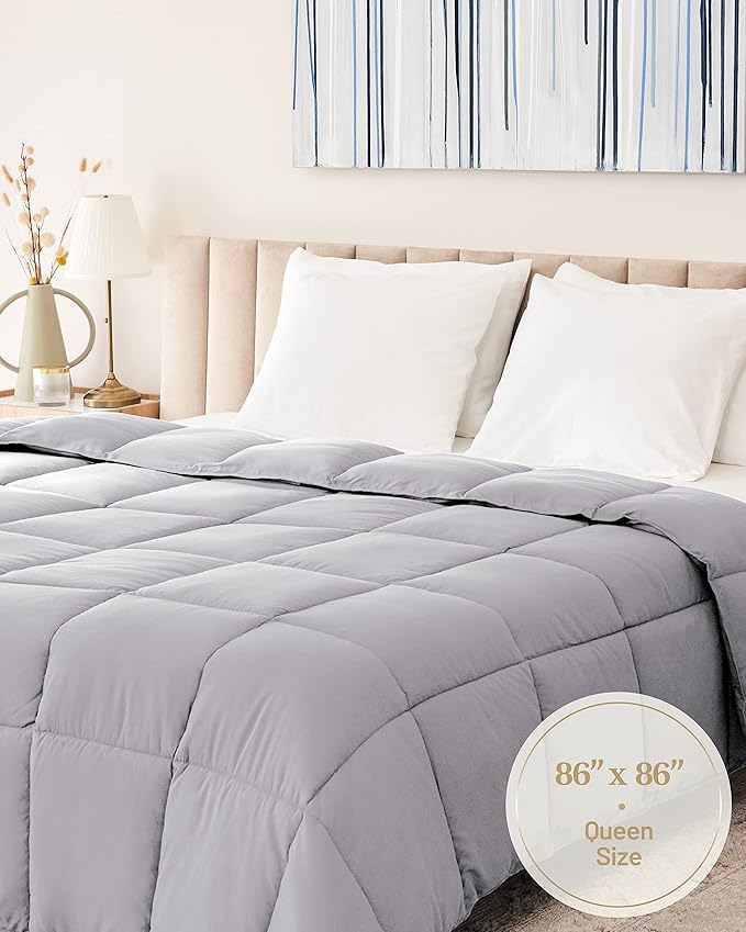 Lavish Comforts® Grey Comforter Queen – Fluffy Down Alternative Duvet Insert, Light Grey Comforter, All-Season Bedding, Hypoallergenic, Machine Washable, Queen Duvet Insert with Corner Loops