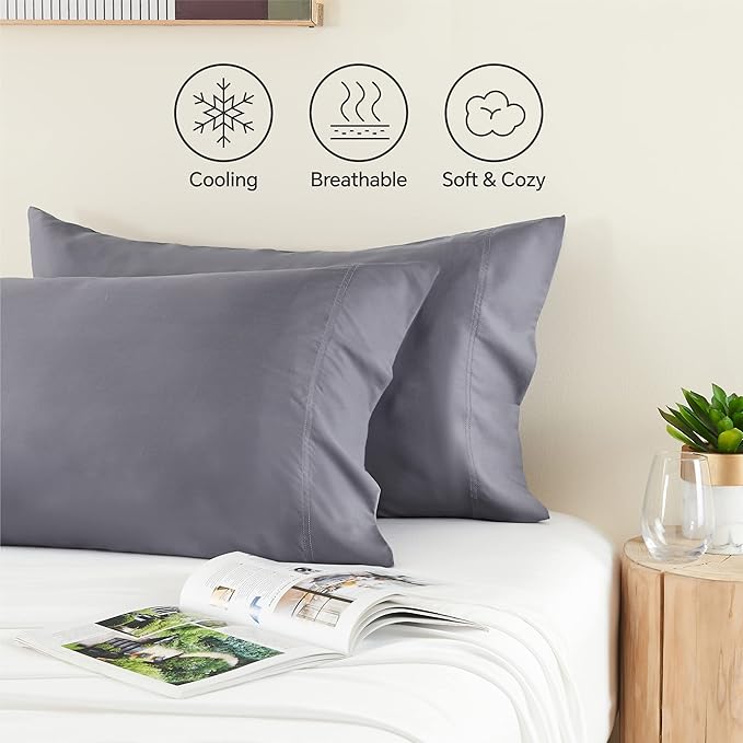 BEDELITE Pillow Cases Standard Size Set of 2, Rayon Derived from Bamboo, Cooling Pillow Cases for Hot Sleepers & Night Sweats, Breathable and Silky Soft Envelope Pillowcases(Grey, 20"x26")