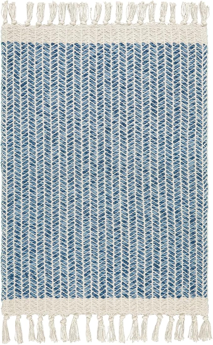 Lahome Belle Boho Bedroom Rug, 3x5 Blue Office Rug Lightweight Bath Door Mats Indoor Woven Entry Rugs with Tassels, Non Shedding Washable Throw Farmhouse Carpet for Living Room Camper RV