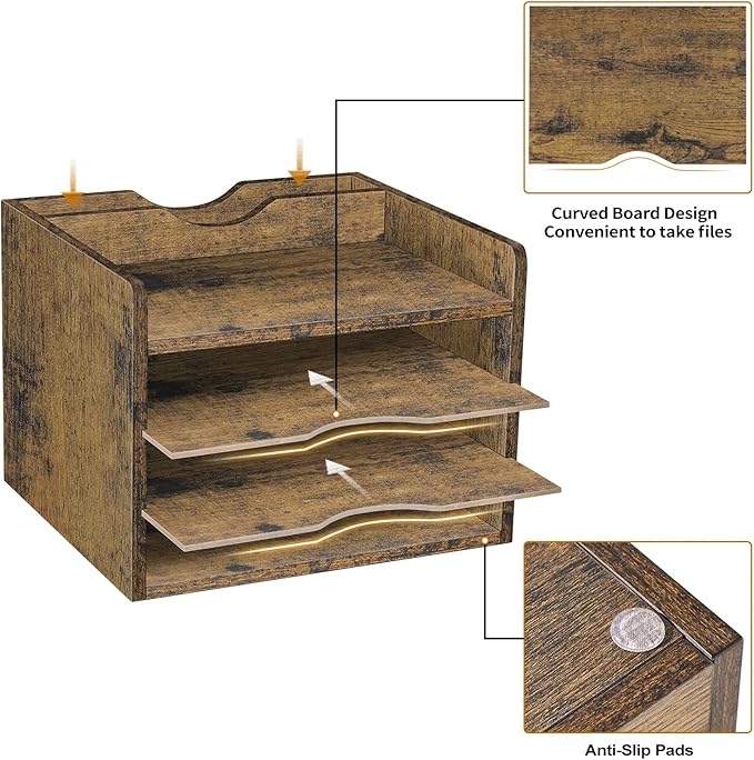 Snughome Vintage Wood File Organizer Desktop, 13.4’’ Document Letter Mail Tray Sorter with 3 Adjustable Shelves, Wooden Desktop Paper File Sorter Holder (Rustic Brown, 13.78’’L x 11.81’’W x 11.02’’H)