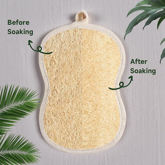 3 Pack Natural Loofah Exfoliating Body Scrubber, Biodegradable Bath Luffa Sponge, Loofas Body Scrub, Organic Loofah with Handle, Shower Loofah for Women