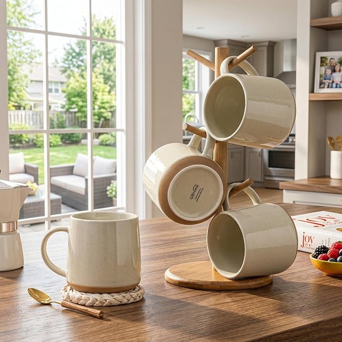GBHOME Ceramic Coffee Mugs Set of 4, 17oz Handmade Ceramic Coffee Mugs Set with Terracotta Underside for Latte/Tea/Beer/Hot Cocoa, Dishwasher & Microwave Safe