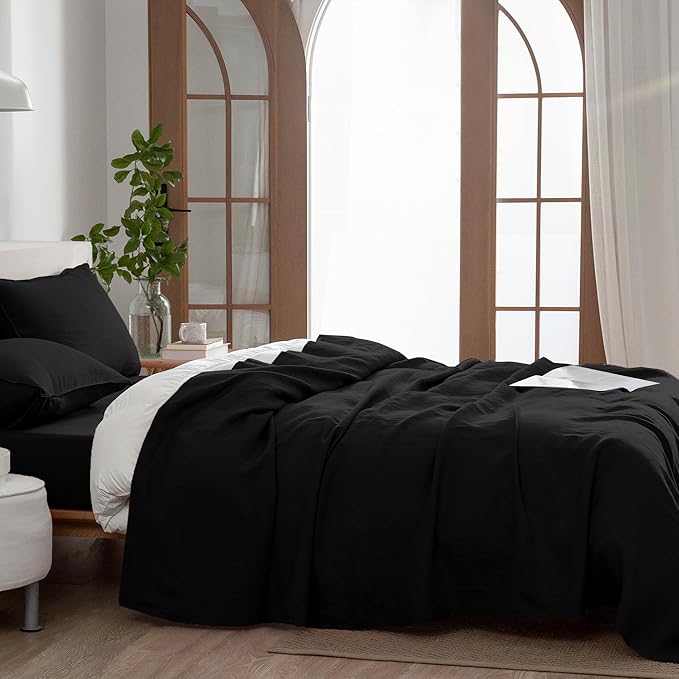 EVERLY Linen Sheets Set King Size,100% French Stonewash Pure Linen Bed Sheets,4Pieces (1Flat Sheet,1Fitted Sheet,2Pillowcase) Suitable for Hot Sleepers,Deep Pocket Natural Bedding Set-Black