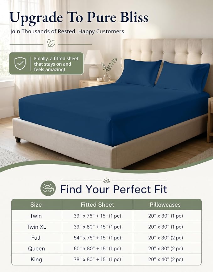 LANE LINEN Fitted Sheet, 100% Organic Cotton Fitted Bed Sheets, Soft & Comfy Naturally Cooling Eco Friendly All Weather Fitted Sheets Queen Fits Mattress Upto 15" Deep- Navy (Cases Included)