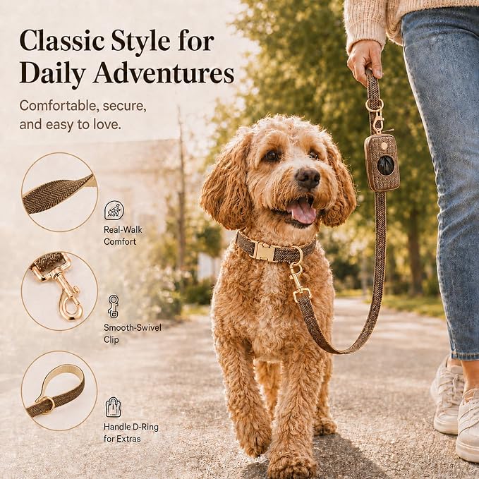 Herringbone Tweed Dog Collar and Leash Set for Small Dogs, Grey-Brown | Snag-free, no-rub design. Soft breathable cotton, gentle on fur. Adjustable durable matching combo for walks & outdoors.