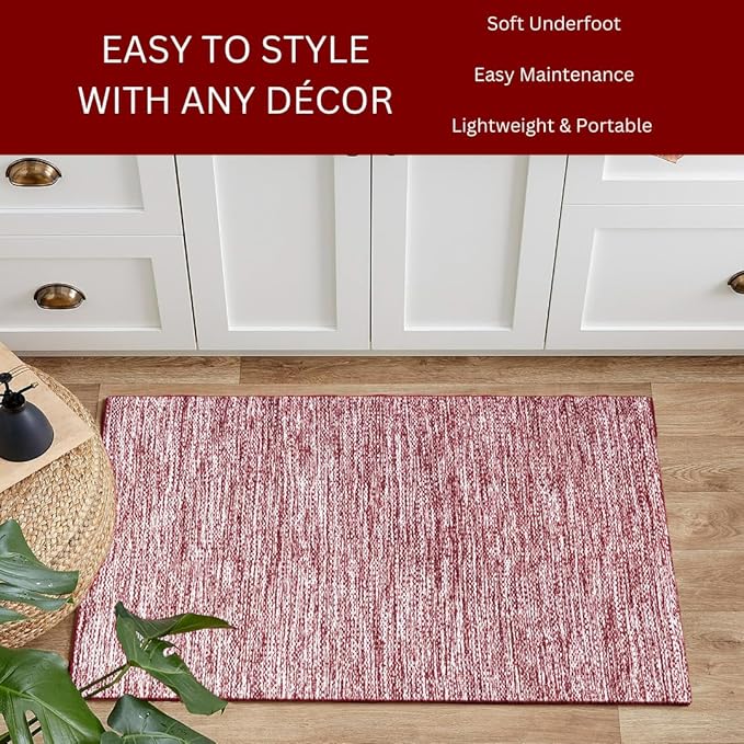 Hand Woven Area Rug 2x3 Feet - Rustic Farmhouse Bohemian Accent Rug for Living Room Bedroom Kitchen Entryway Floor Mats - Ideal for High Traffic Areas 100% Cotton Rag Rug Red