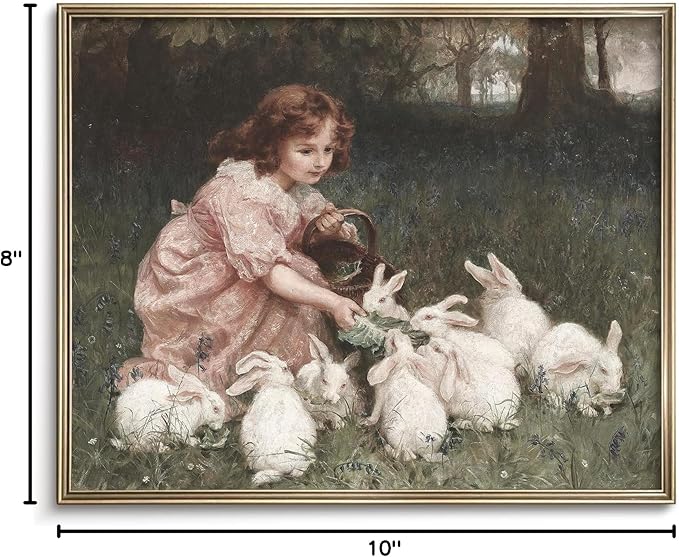 Vodefoad Little Girl Feeding Bunnies Painting Art Vintage Easter Antique Rabbit Oil Painting and Child Wall Art Girl in Field With Rabbits for Nursery Gril Bedroom Gallery Bathroom Office Decor - 8x10Inch Unframe