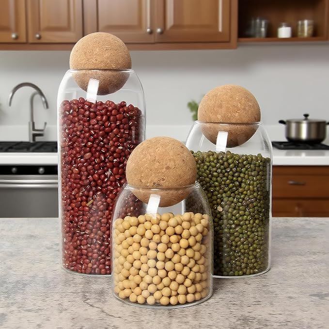 Glass Jars with Cork Ball - Glass Tea Coffee Sugar Canisters - Cereal Storage Containers - Tea Sugar and Coffee Containers Set - Set of 3 Clear Glass Jars with Lids(300ml/10Oz,500ml/17Oz,800ml/27Oz)