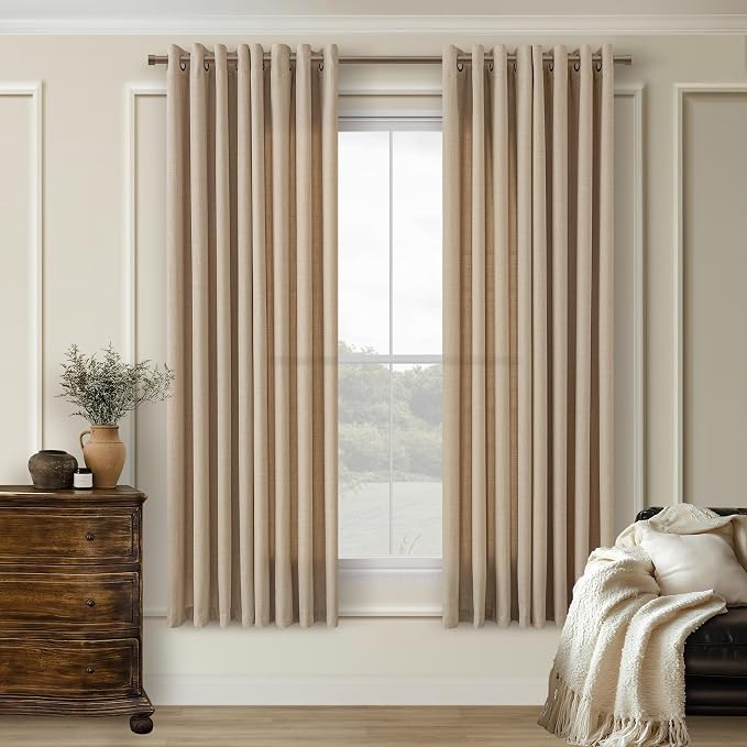 Tan Brown Curtains for Bedroom 2 Panel Sets 63 Inch Length Grommet Ring Top Dark Flax Linen Light Filtering Drape 63 Inches Long for Dining Living Room Bathroom Country Rustic Cottage Vintage