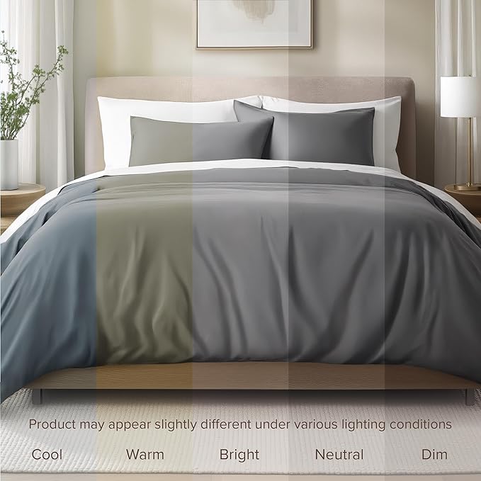 Bare Home 100% Organic Cotton Sateen Duvet Cover Set - Full/Queen Size - 400 Thread Count - Smooth Sateen Weave - Warm & Luxurious - Duvet Cover (Queen, Grey)