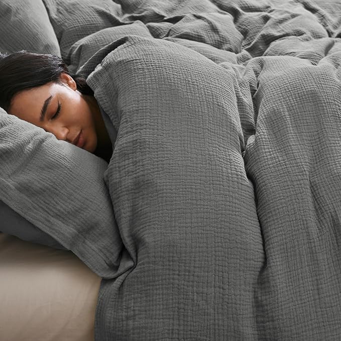 David's Home 100% Cotton Muslin Duvet Cover Set Queen Size,3 Pcs Ultra Soft Breathable & Lightweight Gauze Bedding Set with 2 Pillowcases,Textured Home Decor with Button,90"×90" Dark Grey,No Insert