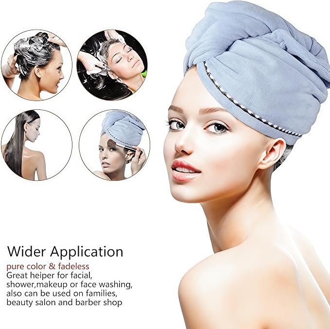 Microfiber Hair Towel 4 Pack, Hair Towel Wrap Quick Dry Hair Hat Anti-frizz Head Turban with Button, Wet Curly Hair Towels for Women (Blue & Pink & Purple & Red)