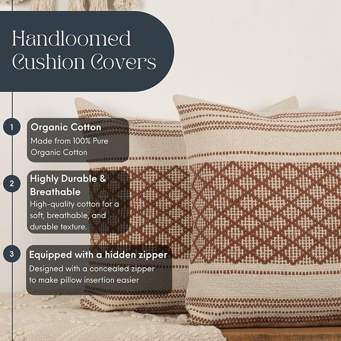 Trade Star Set of 2 Handloomed 100% Cotton Pillow Covers – 20x20 Rustic Boho Cushion Cases for Farmhouse, Fall & Christmas Decor – Indoor/Outdoor Use