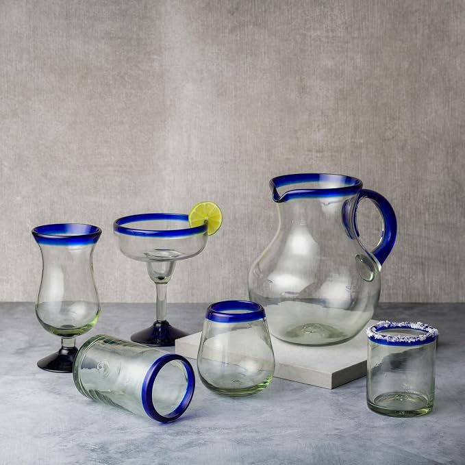 10 Strawberry Street Cobalt Rim DOF Handblown Mexican Glass, Set of 6
