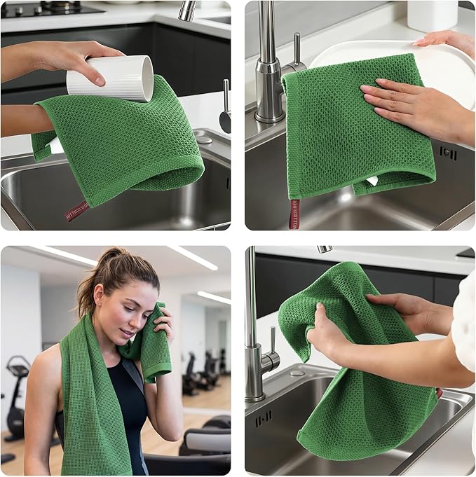 REDKISS 100% Cotton Waffle Weave Bath Towels 4 Piece - 27.5x55 Inches| Lightweight, Quick Dry & Highly Absorbent,Perfect for Spa, Gym, Travel, Guest Bathroom-Green