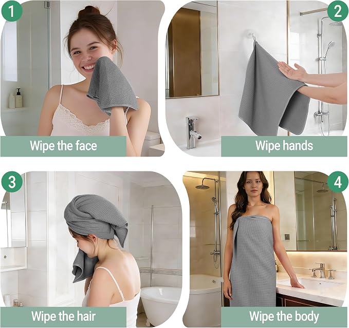 MICROFI Waffle Weave Bath Towel Set, Microfiber, 4 Pieces (Body/Hair/Hand/Face), Quick Dry, Lightweight, Super Absorbent, Lint Free, 380 GSM (Gray)