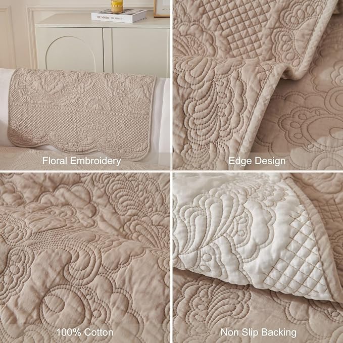 vctops Boho Cotton Quilted Couch Cover Soft Embroidered Sofa Cover Non-Slip Dog Bed Cover Scalloped Sofa Slipcover Washable Furniture Protector Cover (Khaki,36"x70")