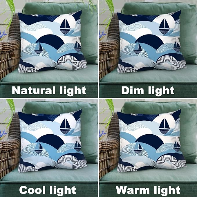 Shrahala Maritime Ocean Waves Decorative Throw Pillow Cover, Sailboat Coastal Vibes Square Pillowcase Blended Double-Sided No Inserts for Bedroom Living Room Set of 2 (26 X 26 in)