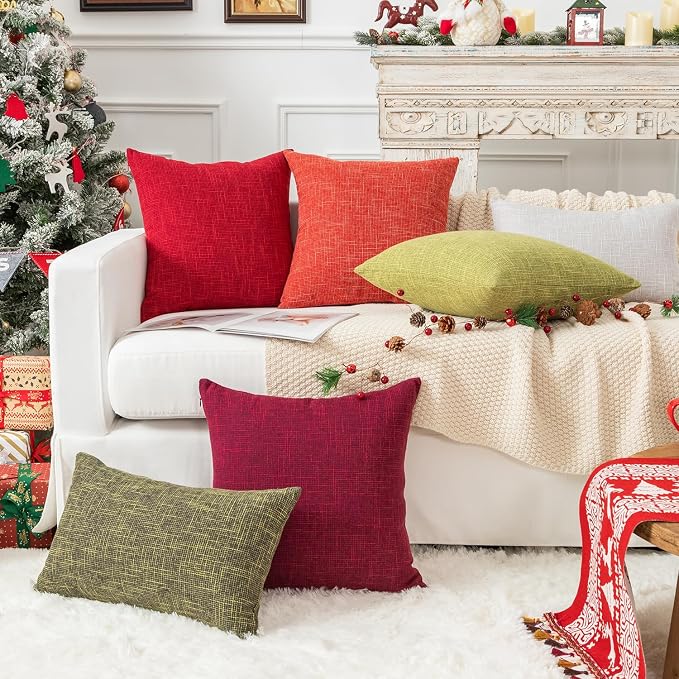 Kevin Textile Supersoft Faux Linen Square Christmas Throw Cushion Cover Pillowcase, Hidden Zipper, 22x22 inch(2 Piece, Burgundy)