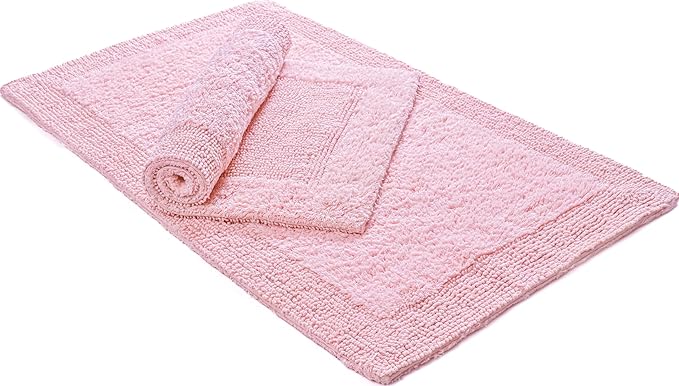 Bedding Craft Bathroom Bath Mat Rug – 100% Cotton, Reversible, Water Absorbent, Machine Washable, Soft Bathmat for Tub Side, 17x24 Chalk Pink