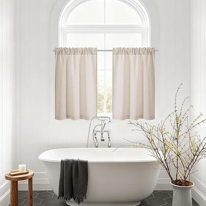 Linen Kitchen Cafe Curtains 30 Inch Length for Farmhouse Room Small Window Boho Semi Sheer Light Filtering Rod Pocket Privacy Short Drape 2 Panels Tan Beige Light Coffee W30xL30