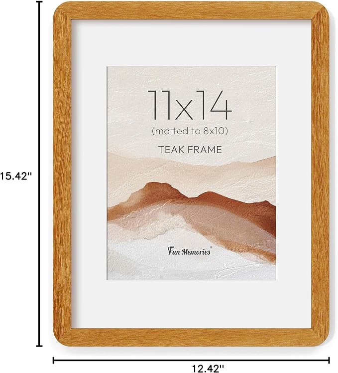 Fun Memories 11x14 Picture Frame - Solid Teak Wood 11x14 Frame with Mat for 8x10 Photos, 11 By 14 Poster Wood Wall Frame, Horizontal or Vertical Wall Mounting, Natural Teak