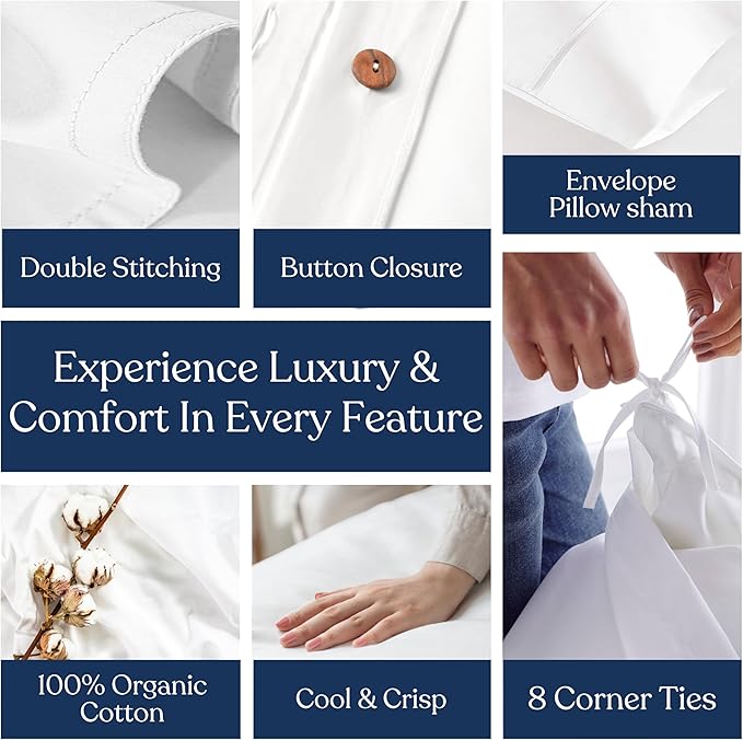 GOTS Certified 100% Organic Cotton Percale Duvet Cover Set 400TC, Smooth & Breathable, Duvet for Hot Sleepers with 8 Internal Ties, (Midnight Blue, Twin - 2 Piece with 1 Standard Sham)