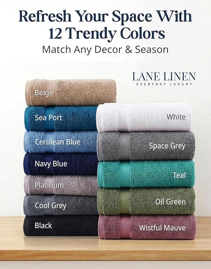 LANE LINEN Cotton Towels for Bathroom - 24 PCs - Highly Absorbent, Durable & Soft - 4 Bath, 4 Fingertip, 6 Hand Towels, 8 Washcloths, 2 Bath Sheets - Family Bundle Pack - Oil Green