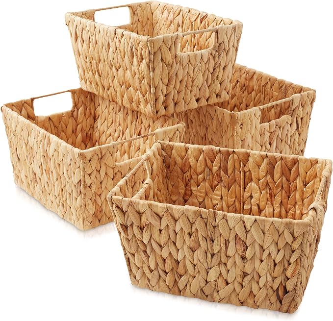 Casafield Set of 4 Water Hyacinth Storage Baskets with Handles - Natural, Woven Storage Bins for Shelves, Blankets, Laundry Organization
