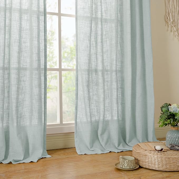 LAMIT Greyish Blue Semi Sheer Linen Curtains 60 Inch, Light Filtering Neutral Window Panels Farmhouse Boho Back Tab and Rod Pocket Drapes for Bedroom, 2 Panels, 52 x 60 Inch