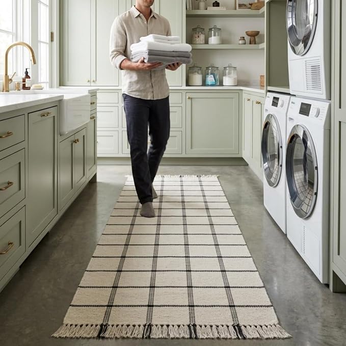 PEARL+CREEK Flenn Checkered Rug Runner Handwoven Cotton Washable 2x6ft,1PC