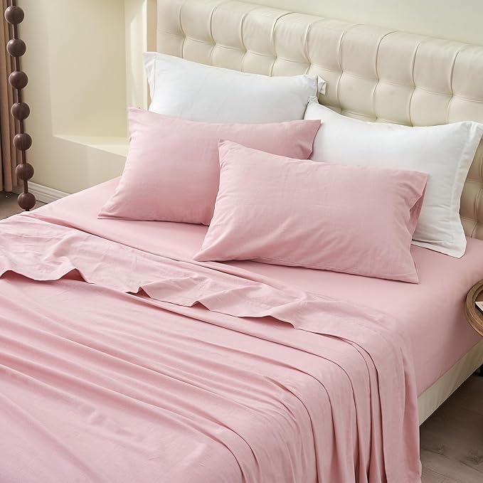 BISELINA Linen Sheet French Flax Flat Sheet Only 55% Euro Linen 45% Cotton Basic Style Solid Color Soft Breathable Farmhouse Top Sheet 1-Piece (King, Pale Pink)