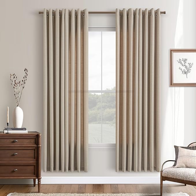 Taupe Linen Curtains 72 Inches Long 2 Panels Grommet Privacy Added Thick Flax Not See Through with Light Filtering Retro Window Drapes Burlap Neutral Curtains for Bedroom Living Room Burlywood Birch