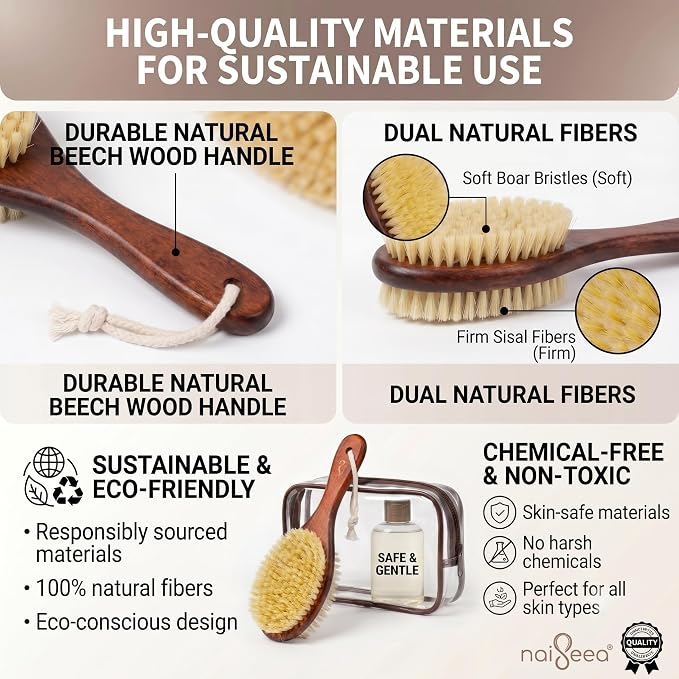 Short-Handle Dual-Sided Bath Massage Brush, Soft Boar & Firm Sisal Bristles, Portable (Red Oak)