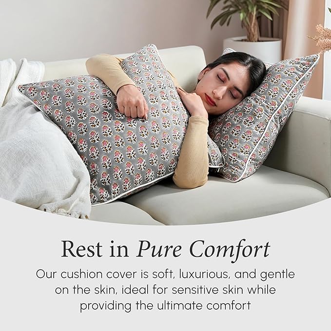 CPC 100% Cotton Throw Pillow Covers 24x24 Inch, Set of 2 Gray Block Print Pattern Couch Pillow, Cute Boho Decorative Pillows for Living Room, Bedroom with Hidden Zipper- Labra Gray