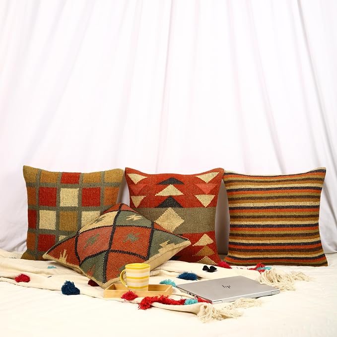 Trade Star 70% Jute 30% Wool Pillow Shams Ethnic Rug Pillow Covers Set of 4 Kilim Cushion Covers Handloomed Decorative Throw Pillow Cover Handwoven Pillowcase (Kilim 3)