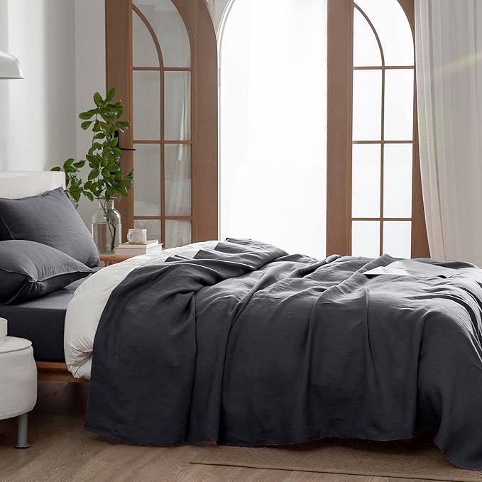EVERLY Linen Twin Sheets Set, 100% Stonewashed French Linen Bed Sheets Deep Pocket Sheets, 3 Pieces (1 Flat Sheet, 1 Fitted Sheet, 1 Pillowcase) Natural Flax Bedding Set, Dark Grey