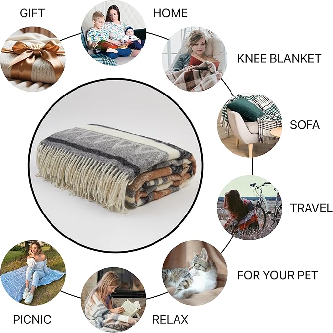 | Wool Blanket/Throw | 100% New Zealand Wool | Perfect for Home and Outdoors | Virgin Wool Throw with Fringes 75"x87" (190 x 220 cm)