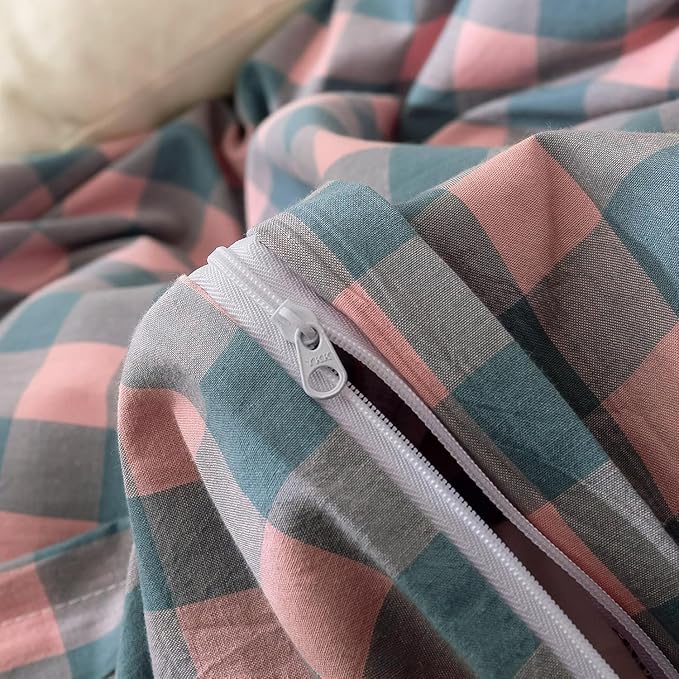 mixinni Plaid Duvet Cover Set Twin Purple - Soft Washed Cotton Modern Geometric Bedding Set with 2 Pillowcases, Pink Blue Gingham Grid Twin Duvet Cover for Men & Women, Soft & Lightweight