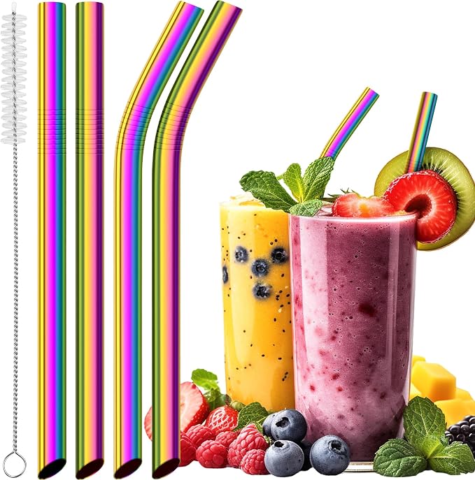 NiHome 4-Pack Stainless Steel Straws for Boba, Smoothie, 10.4” Metal Straws | 0.5'' Extra Wide Metal Reusable Straws, 2 Bent & 2 Straight Long Drinking Straw for Bubble Tea Milkshake, 1 Brush, Iridescent