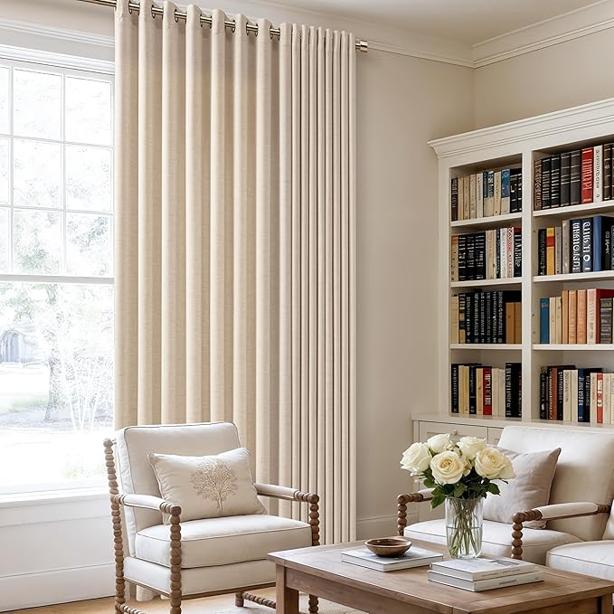 Oatmeal Linen Curtains 96 Inch Length 2 Panels Set Light Filtering Semi Sheer Grommet Drapes Thick Linen Privacy Floor to Ceiling Length Curtain Living Room 8ft