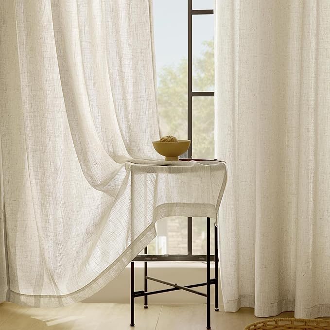 Faux Linen Beige Curtains 54 inches Long for Living Room Rustic Farmhouse Linen Drapes Semi Sheer Burlap Textured Canvas Cloth Curtain Panels Set of 2 Kahki Tan Colored