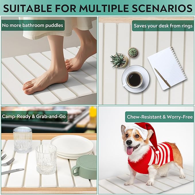 Large Stone Dish Drying Mat for Kitchen Counter ,Fast Drying Non-Slip Collapsible Dish Drying Mat ,Eco-Friendly Super Absorbent Diatomaceous Earth Mats for Dishes Bottles Cups Bathroom,24"(L)×16 (W)