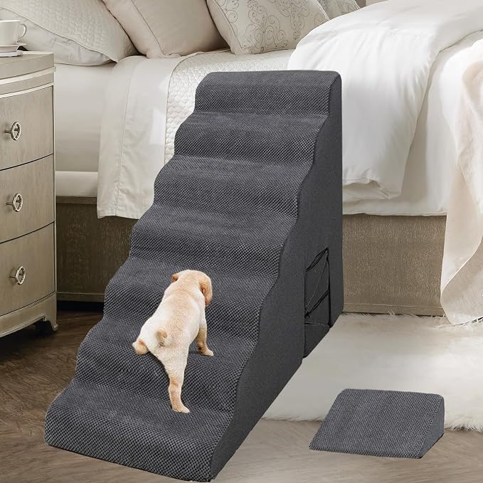 Dog Stairs for High Beds 30-33 inches Tall, 7-Step Pet Stairs/Steps for Small Large Dogs, 30D Foam Pet Steps/Ramp/Ladder for High Bedsides, with 4pcs Dog Ramp for Stairs, Dark Grey