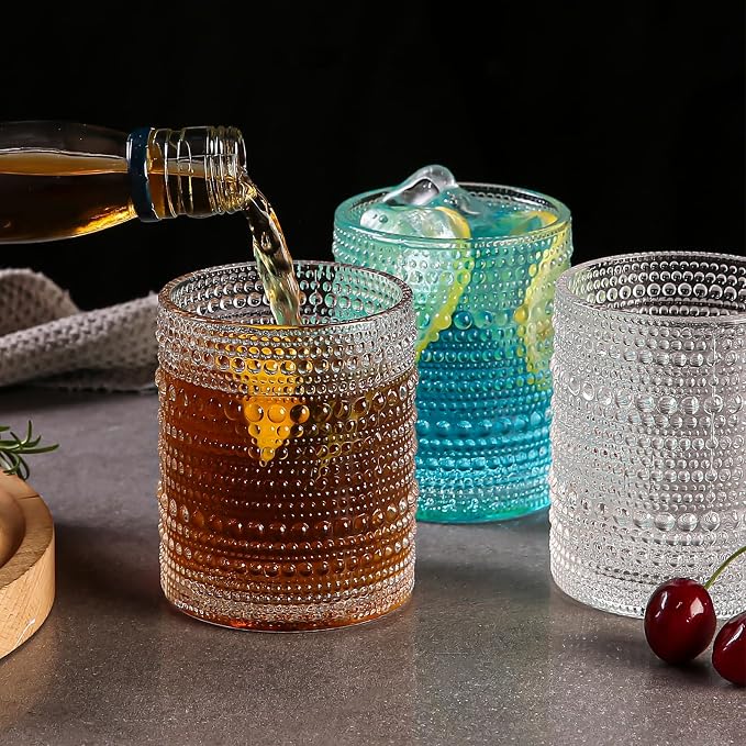 Amyoole 12oz Hobnail Drinking Glasses Set of 6,Clear Vintage Glassware Embossed Water Tumbler,Cocktail Glass Cups for Beer,Whiskey,Juice and Various Mixed Drinks