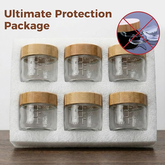 6oz Glass Jars with Airtight Lids - 6 Pack Overnight Oats Containers with Bamboo Lids, Small Food Containers with Measurement for Yogurt, Salad, Chia, Wide Mouth Mason Jar with Lid for Food Storage