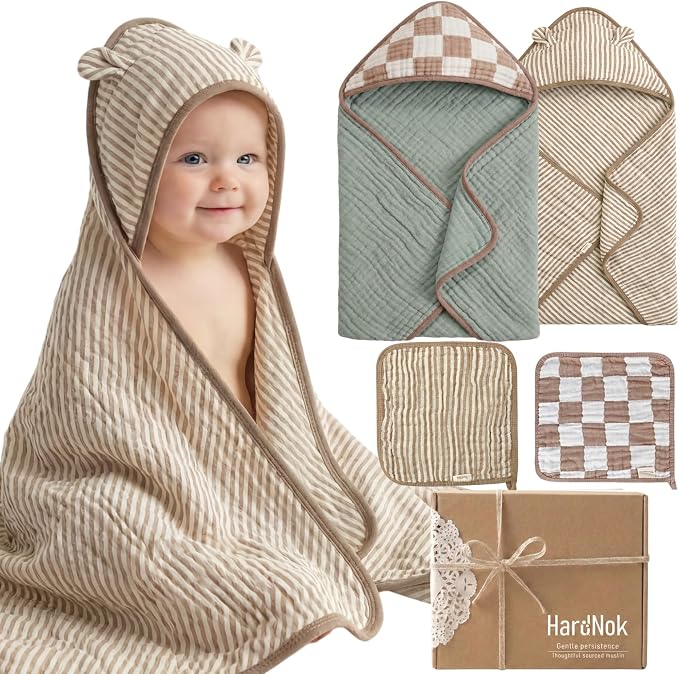 4-Piece Muslin Baby Towel Set - Made with Organic Cotton, (2) 6-Layer 32x32 Towels & (2) Washcloths, Bath, Beach & Pool Gift Set (Neutral Sage Mix)