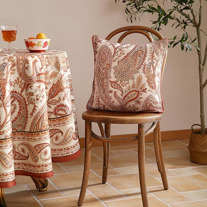 ISAENNE Design Linen Classic Vintage Throw Pillow Covers 18"x18" Pack of 2, Square Cushion Covers with Orange Yellow Paisley Style Pattern Decoration Pillowcases for Bed,Living Room,Outdoor,Car