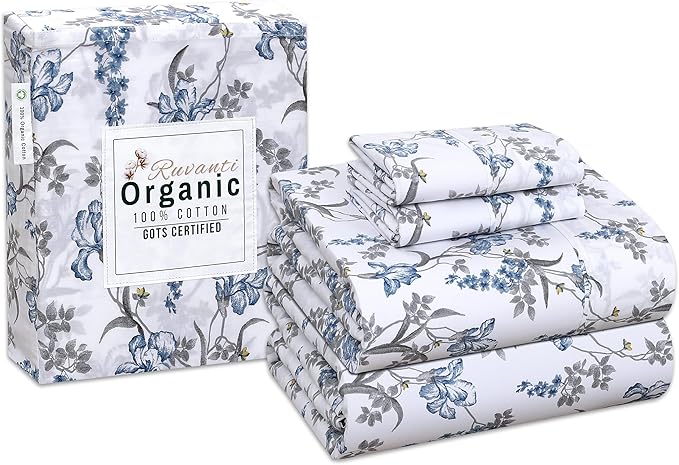 RUVANTI 100% Cotton Organic Percale Sheets Queen Size – Crisp Cooling Bed Sheets for Hot Sleepers, Deep Pocket 15”, Soft Peach Finish, Breathable & Durable Hotel-Style 4 Pcs, Deluxe